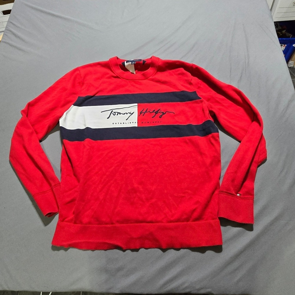Tommy Hilfiger Sweater Mens XL Red Colorblock Signature Logo Knit Cotton